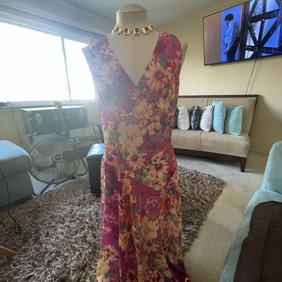 Covington Womans Babydoll Maxi Dress Pink Multi Floral Sleeveless Sheer Fairy 14 - Picture 3 of 16